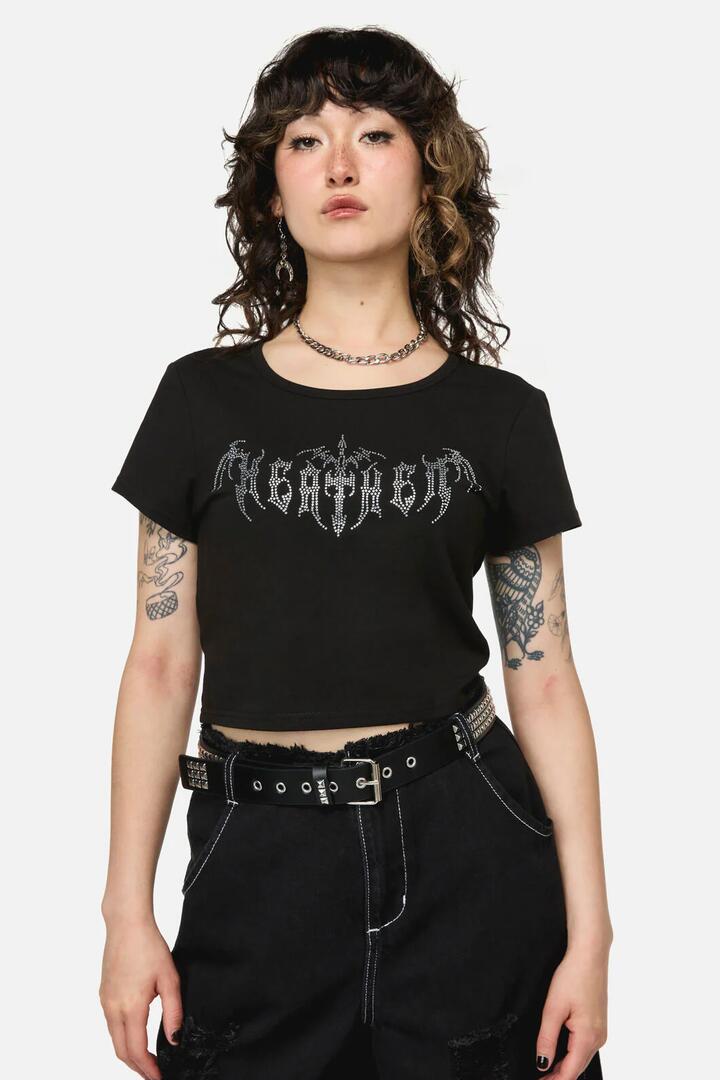Image of a model wearing Tops. Productname: Divination Goth Crop Tee in Black colour by brand - Dangerfield