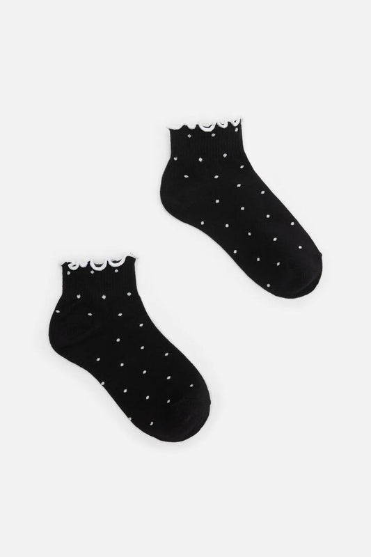 Image of Socks. Productname: Black Spot Ankle Frill Socks in Black colour by brand - Dangerfield