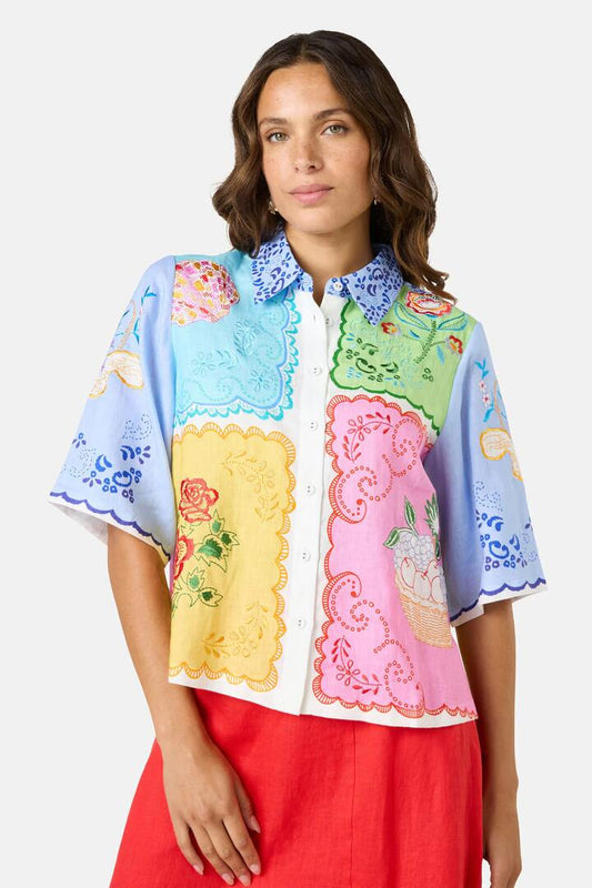 Image of a model wearing Shorts. Productname: Short Stitch Patch Shirt in Print colour by brand - Gorman