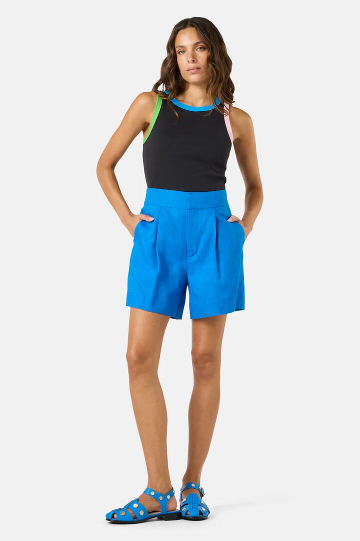 Image of a model wearing Shorts. Product name - Millie Linen Short in Blue colour by brand - Gorman