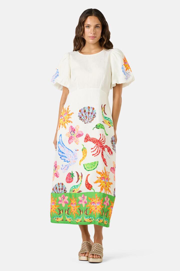 Image of Dresses. Product name - Mosaic Mile Linen Long Dress in Print colour by brand - Gorman