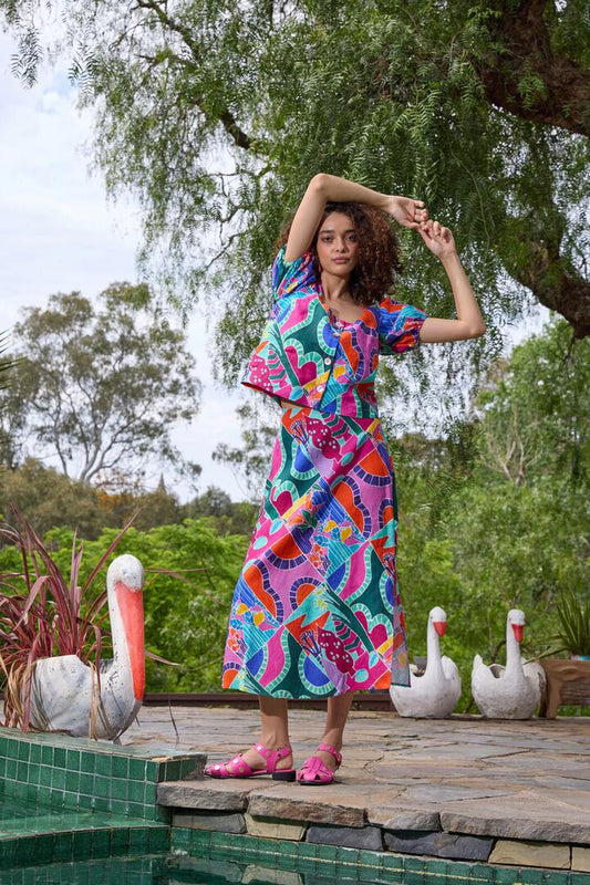 Image of a model wearing Skirts. Productname: Caravan Holiday Midi Skirt in Print colour by brand - Gorman