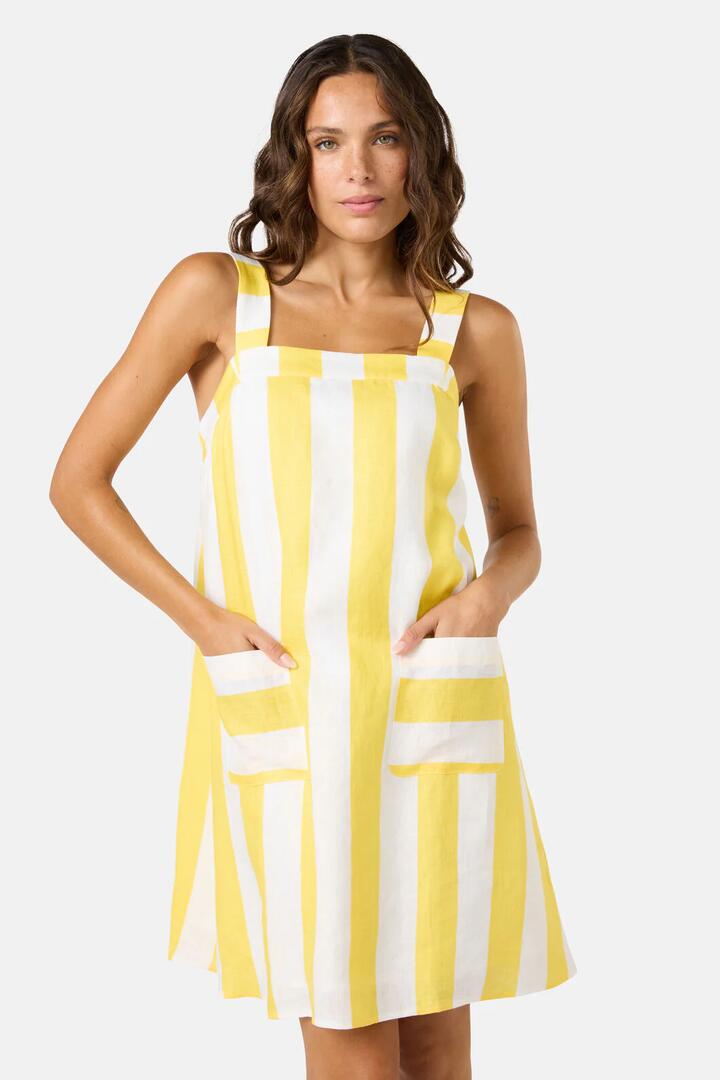 Image of Dresses. Product name - Amara Stripe Linen Dress in Yellow colour by brand - Gorman