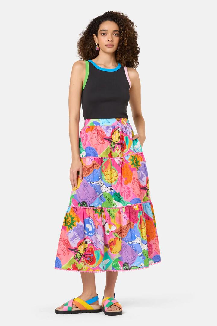 Image of a model wearing Skirts. Productname: Pen Pals Printed Maxi Skirt in Print colour by brand - Gorman
