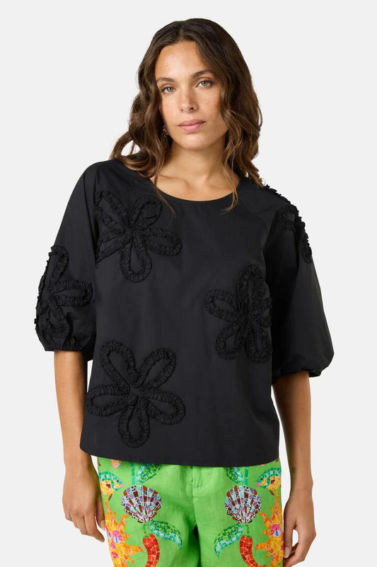 Image of a model wearing Tops. Productname: Hi Flower Cotton Top in Black colour by brand - Gorman
