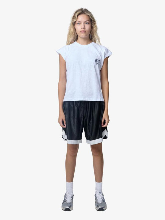 Image of a model wearing Outerwear. Productname: West Hollywood Sweat Club Malibu Tennis Basketball Sweatshorts in Black/White colour by brand - West Hollywood Sweat Club