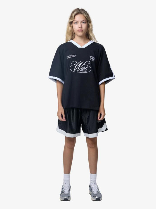 Image of T-Shirts. Productname: West Hollywood Sweat Club Malibu Tennis Collar Jersey T-Shirt in Black/White colour by brand - West Hollywood Sweat Club
