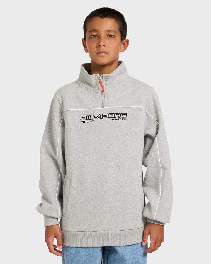 Image of a model wearing Outerwear. Product name - Billabong Boys 8-16 Spec 1/4 Zip Fleece Top Light Grey Heather in Light Grey Heather colour by brand - Billabong
