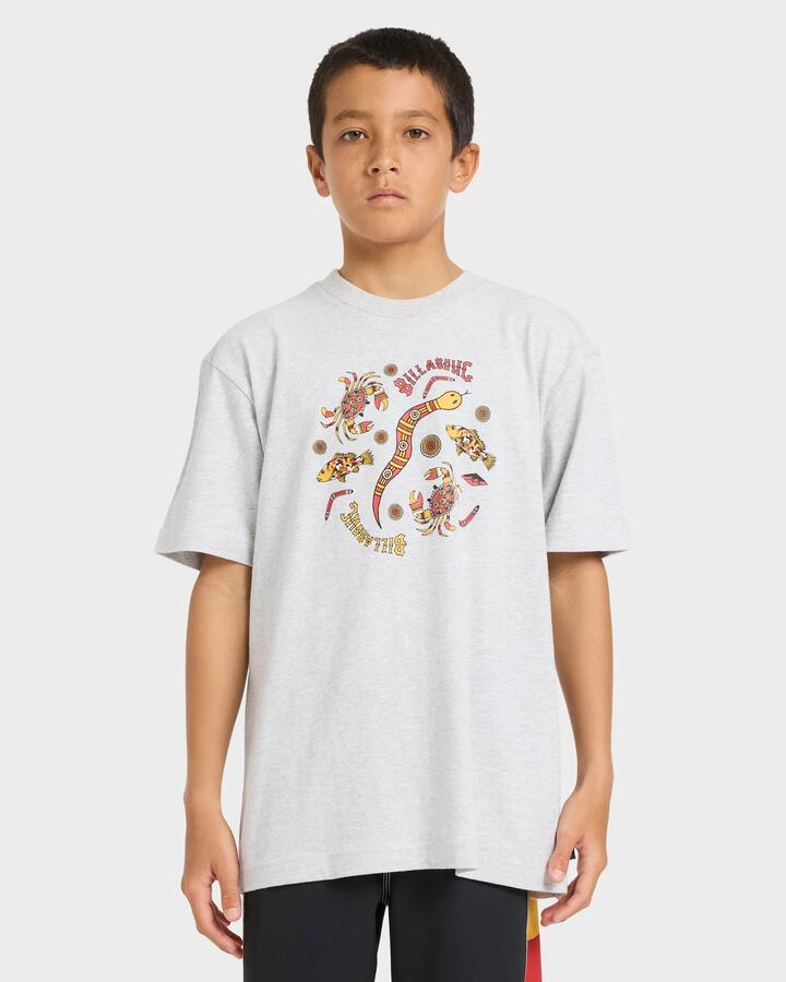 Image of a model wearing Tops. Productname: billabong Boys 8-16 Otis Estua T-Shirt Light Grey Heather - in Light Grey Heather colour by brand - Billabong