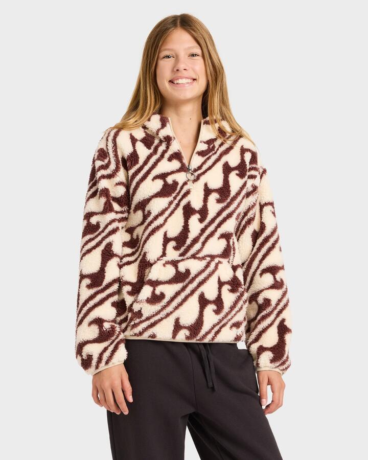 Image of a model wearing Outerwear. Product name - Billabong Girls 8-16 Dark Wave Half Zip Fleece Top Teak in Teak colour by brand - Billabong