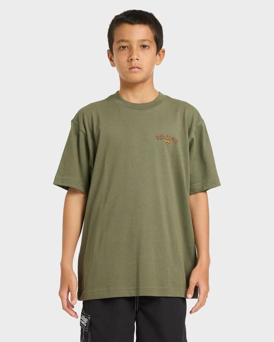 Image of a model wearing Tops. Productname: billabong Boys 8-16 Spec 73 T-Shirt Cypress Green - in Cypress Green colour by brand - Billabong