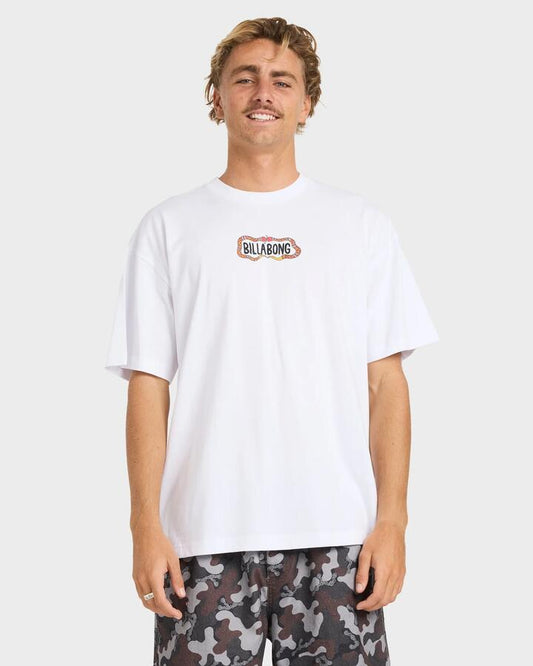 Image of a model wearing Tops. Productname: billabong Mens Otis Snake T-Shirt White - in White colour by brand - Billabong