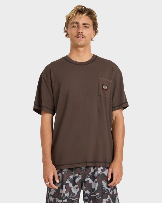 Image of a model wearing Tops. Productname: billabong Mens Otis Pocket T-Shirt Chocolate - in Chocolate colour by brand - Billabong