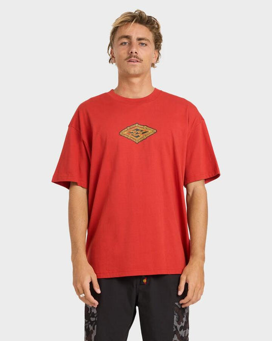 Image of a model wearing Tops. Productname: billabong Mens Otis Diamond T-Shirt Red Dirt - in Red Dirt colour by brand - Billabong
