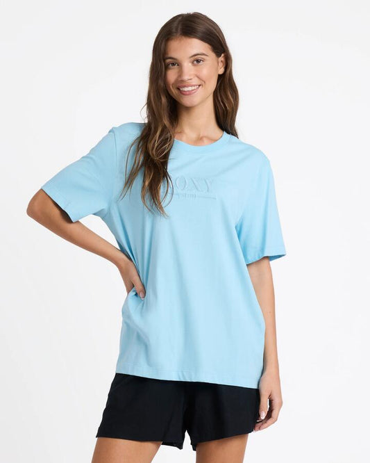 Image of a model wearing Tops. Productname: roxy Womens Sweet Life T-Shirt Sky Blue - in Sky Blue colour by brand - Roxy