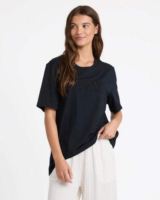 Image of a model wearing Tops. Productname: Roxy Womens Sweet Life T-Shirt Anthracite - in Anthracite colour by brand - Roxy