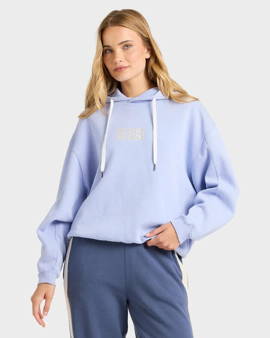 Image of a model wearing Outerwear. Productname: billabong Womens Surf High Pullover Hoodie Twilight Blue - in Twilight Blue colour by brand - Billabong