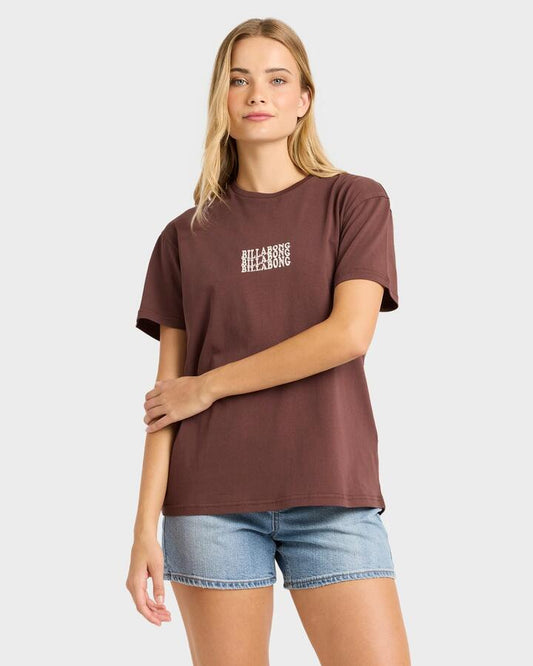 Image of a model wearing Tops. Productname: billabong Womens Surf High T-Shirt Teak - in Teak colour by brand - Billabong