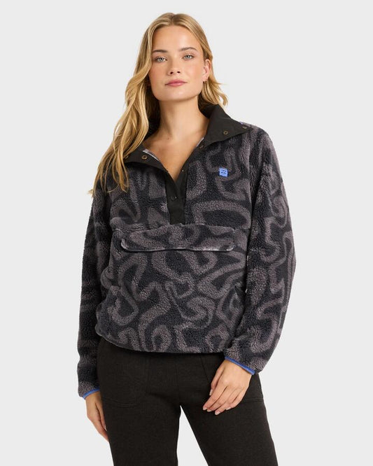 Image of a model wearing Outerwear. Product name - Billabong Womens Switchback Mock Neck Fleece Top Black Sands in Black Sands colour by brand - Billabong