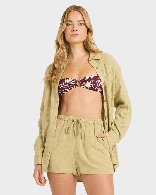 Image of a model wearing Shorts. Productname: billabong Womens Wanderer Elastic Waist Shorts Cactus - in Cactus colour by brand - Billabong