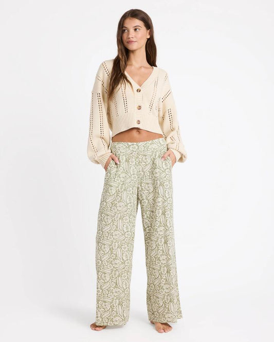 Image of a model wearing Pants. Product name - Roxy Womens Wildside Pants Green in Green colour by brand - Roxy