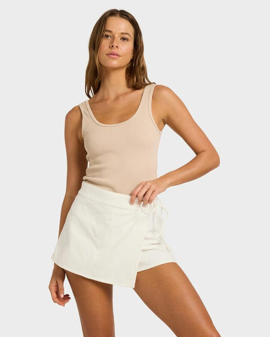 Image of a model wearing Skirts. Productname: billabong Womens Your Crush Skort Salt Crystal - in Salt Crystal colour by brand - Billabong