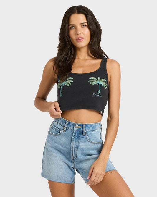 Image of a model wearing Tops. Productname: billabong - Womens Vacation Soil Cropped Tank - Off Black - in Off Black colour by brand - billabong