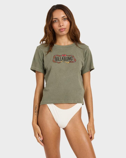 Image of T-Shirts. Product name - Billabong Womens Otis Snake Crop T-Shirt Pine in Pine colour by brand - Billabong