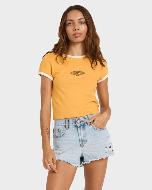 Image of T-Shirts. Product name - Billabong Womens Otis Diamond Crop T-Shirt Golden Yellow in Golden Yellow colour by brand - Billabong