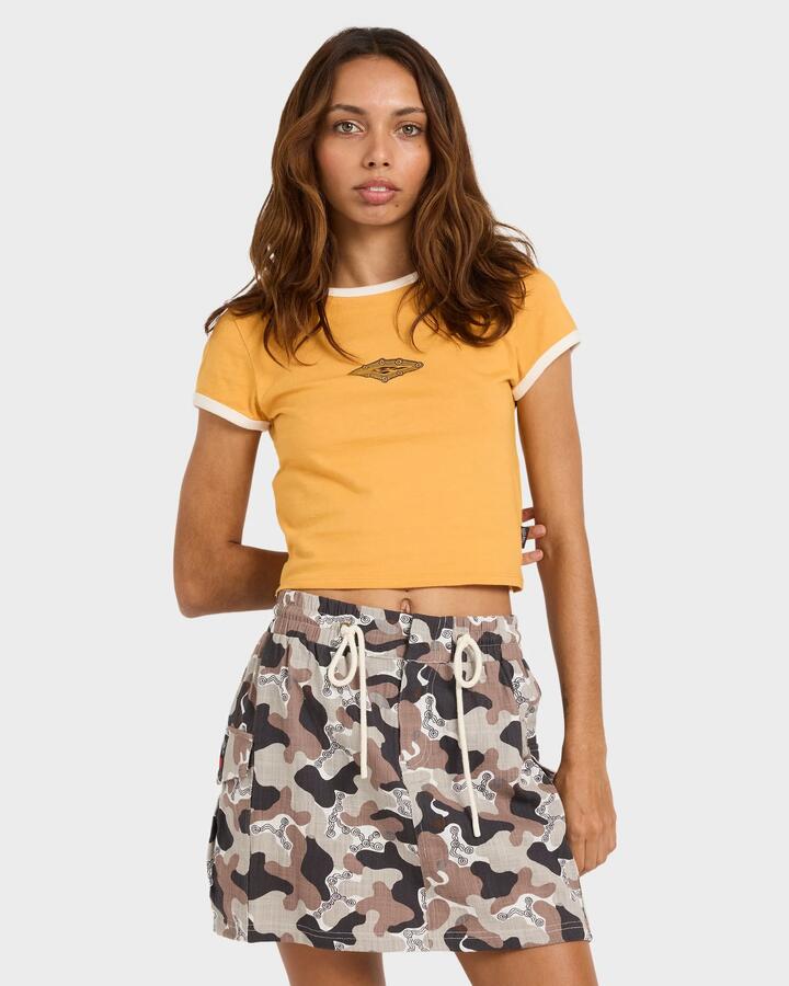 Image of a model wearing Skirts. Productname: billabong Womens Otis Camo Cargo Midi Skirt Camo - in Camo colour by brand - Billabong