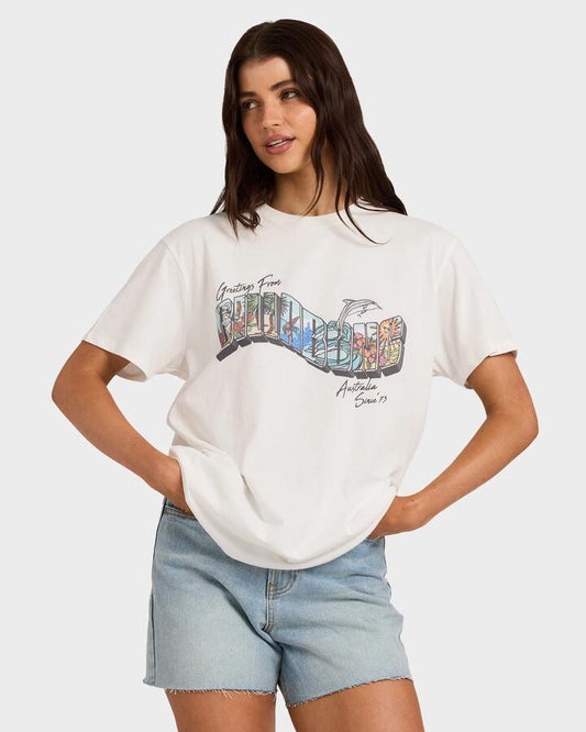 Image of T-Shirts. Product name - Billabong Womens Greetings From T-Shirt Salt Crystal in Salt Crystal colour by brand - Billabong