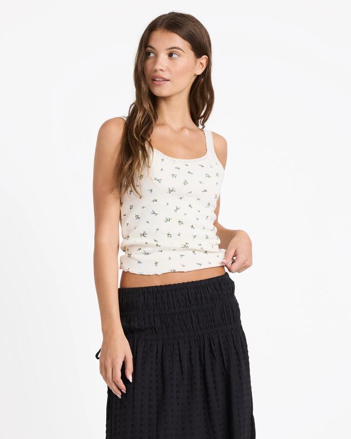 Image of a model wearing Tops. Productname: roxy - Womens In Bloom Tank Top - Bone - in Bone colour by brand - roxy