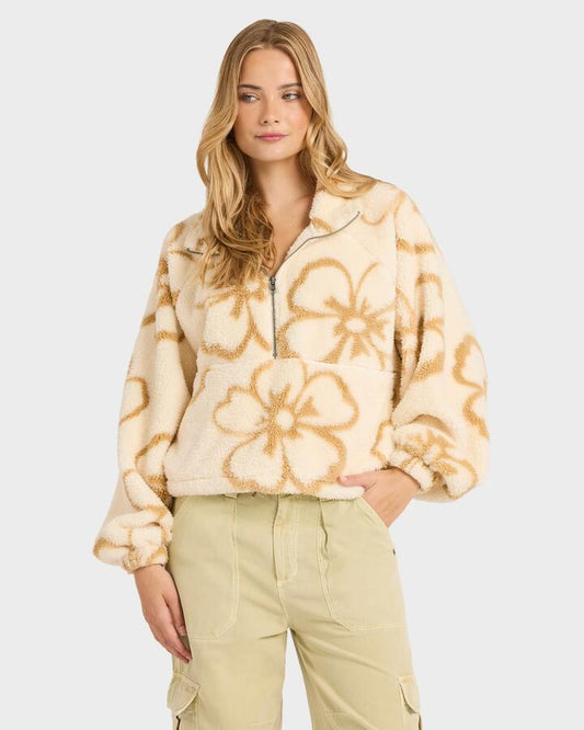 Image of a model wearing Outerwear. Productname: billabong - Womens Last Time Mock Neck Fleece Top - White Cap - in White Cap colour by brand - billabong