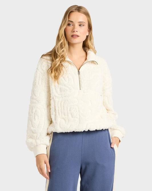 Image of a model wearing Outerwear. Productname: billabong - Womens Le Love Half Zip Fleece Top - Salt Crystal - in Salt Crystal colour by brand - billabong