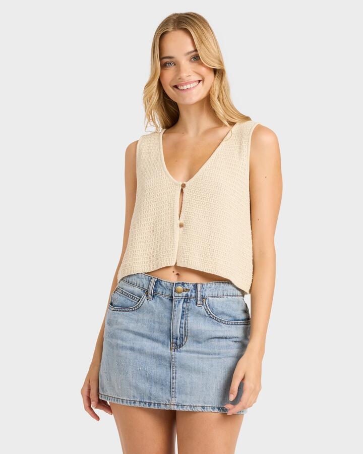 Image of a model wearing Tops. Productname: billabong - Womens Need Now Knit Tank - White Cap - in White Cap colour by brand - billabong