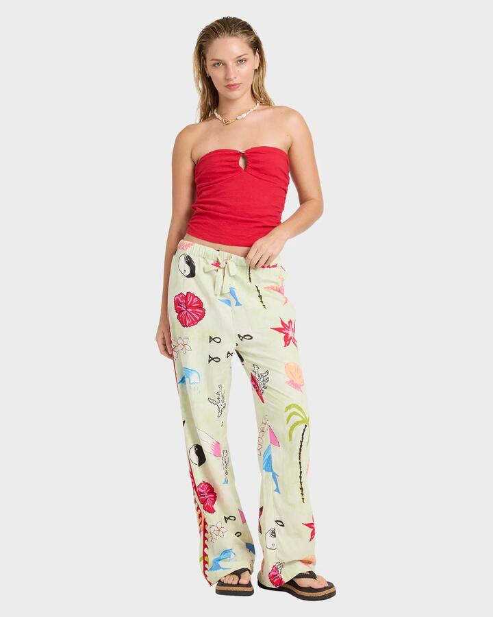 Image of a model wearing Pants. Product name - Billabong Womens Lottie Hall Elastic Waist Pants Sunny Lime in Sunny Lime colour by brand - Billabong