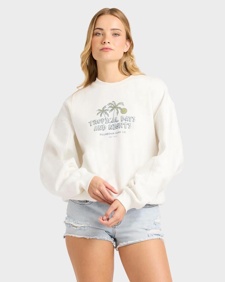 Image of a model wearing Outerwear. Productname: billabong - Womens All The Dayz Sweatshirt - Salt Crystal - in Salt Crystal colour by brand - billabong