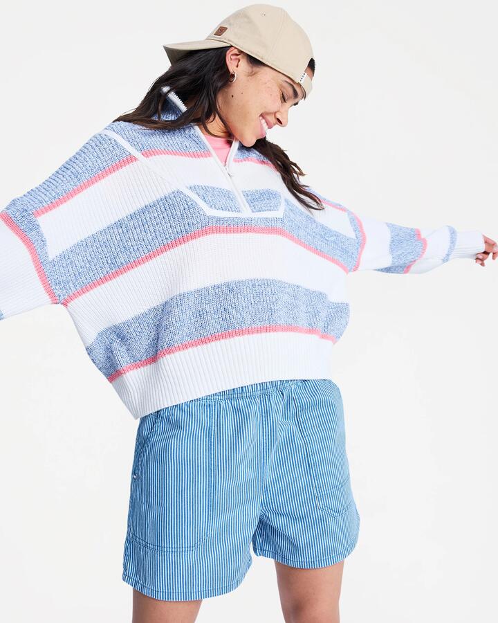 Image of a model wearing Outerwear. Product name - Roxy Womens Carver Half Zip Knit Jumper Coconut Milk in Coconut Milk colour by brand - Roxy