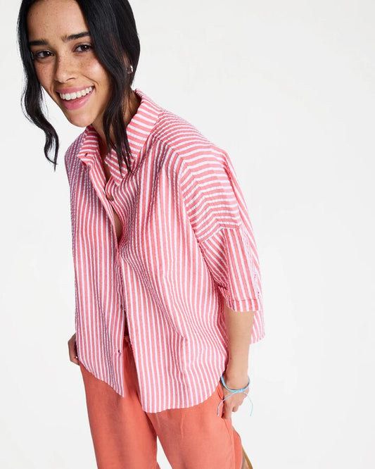 Image of a model wearing Tops. Productname: roxy - Womens Beachy Short Sleeve Shirt - Hibiscus Sunrise Stripe - in Hibiscus Sunrise Stripe colour by brand - roxy