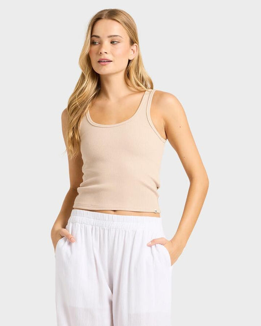 Image of a model wearing Tops. Product name - Billabong Womens Everyday Tank Top Oatmeal in Oatmeal colour by brand - Billabong