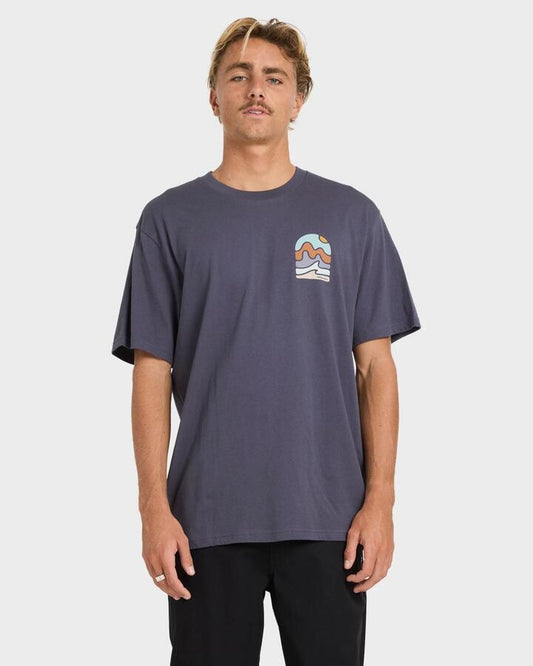 Image of a model wearing Tops. Productname: billabong - Mens Sun Down T-Shirt - Graystone - in Graystone colour by brand - billabong