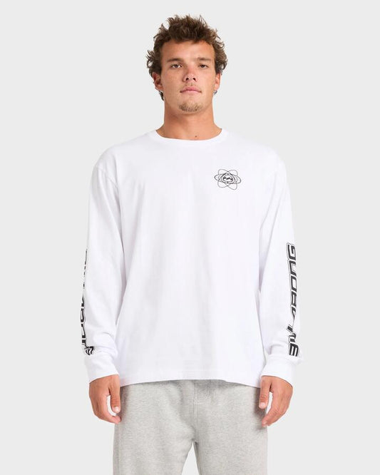 Image of a model wearing Tops. Product name - Billabong Mens Spec 73 Long Sleeve T-Shirt White in White colour by brand - Billabong