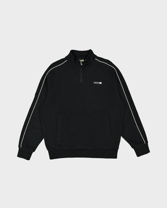 Image of a model wearing Outerwear. Product name - Billabong Mens Spec Panelled 1/4 Zip Mock Neck Fleece Top Black in Black colour by brand - Billabong