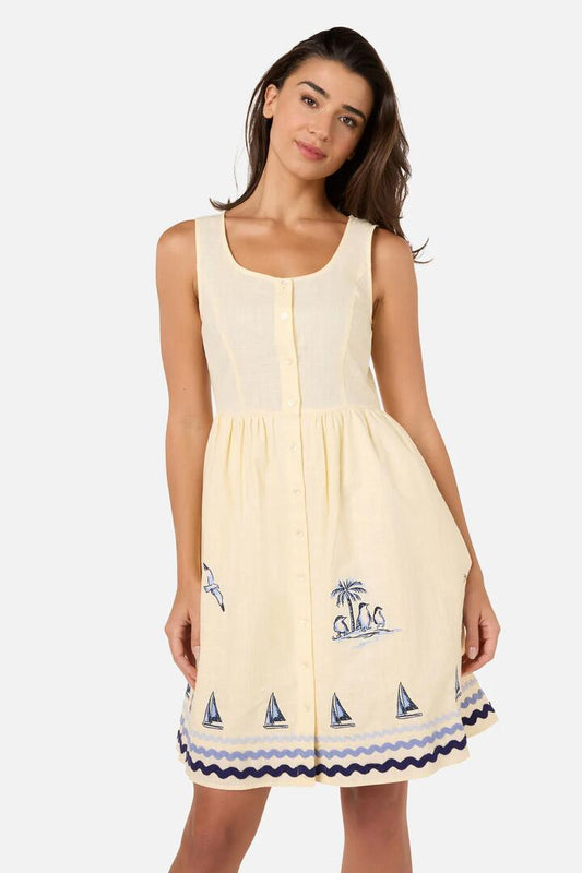 Image of Dresses. Product name - Seaside Toile Embroidered Mini Dress in Lemon colour by brand - Princess Highway