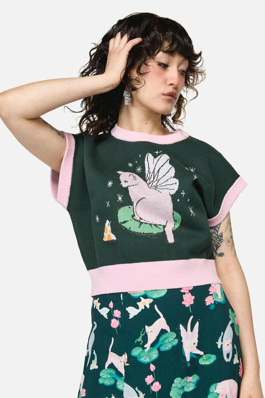 Image of a model wearing Tops. Productname: Pond Cottagecore Knit in Green colour by brand - Dangerfield