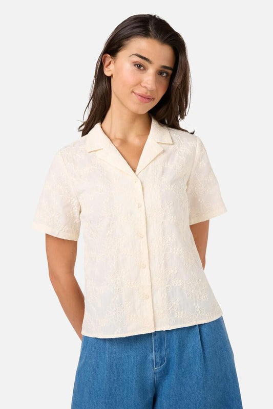 Image of a model wearing Tops. Productname: Bianca Broderie Floral Shirt in Cream colour by brand - Princess Highway