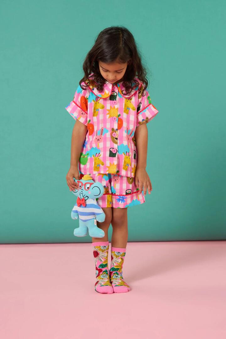 Image of Sleepwear & Loungewear. Product name - Happy Guys Gingham Kids Pyjama in Pink colour by brand - Gorman
