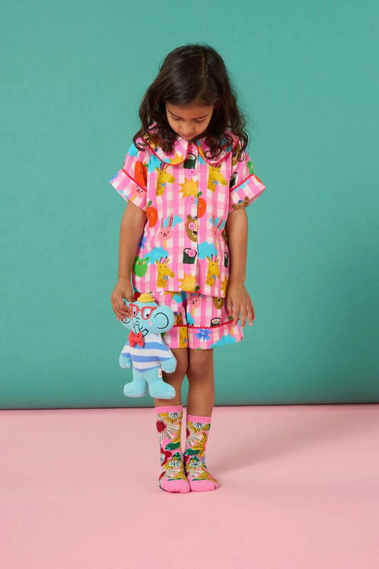 Image of Sleepwear & Loungewear. Product name - Happy Guys Gingham Kids Pyjama in Pink colour by brand - Gorman