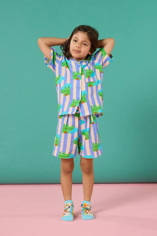 Image of Sleepwear & Loungewear. Product name - Croc Stripe Kids Pyjama Set in Multi colour by brand - Gorman