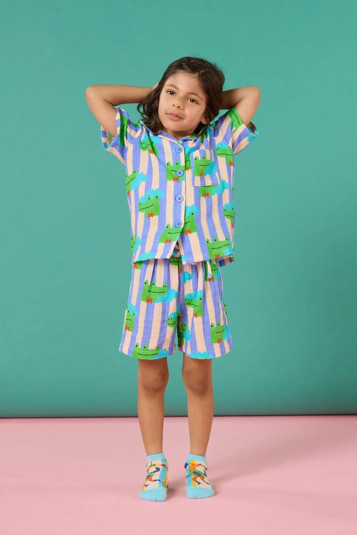 Image of Sleepwear & Loungewear. Product name - Croc Stripe Kids Pyjama Set in Multi colour by brand - Gorman